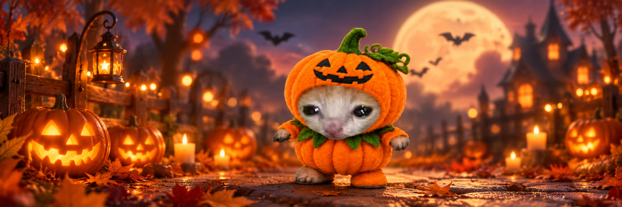 Original pumpini Halloween banner with lanterns, pumpkins and a glowing moon