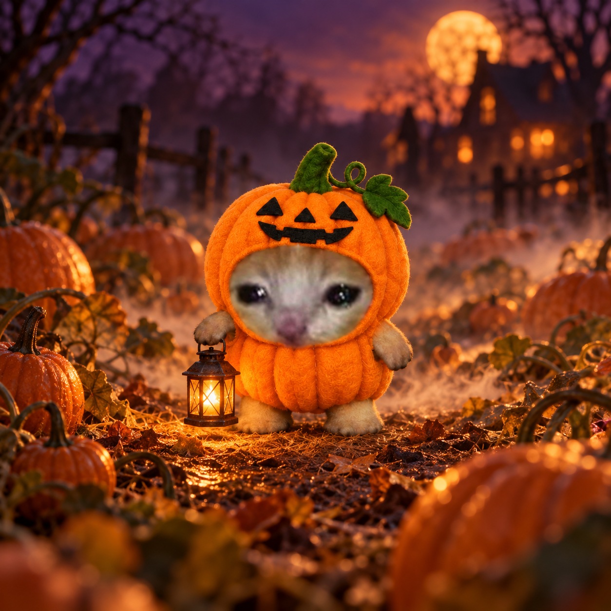 pumpini carries a lantern through a pumpkin patch