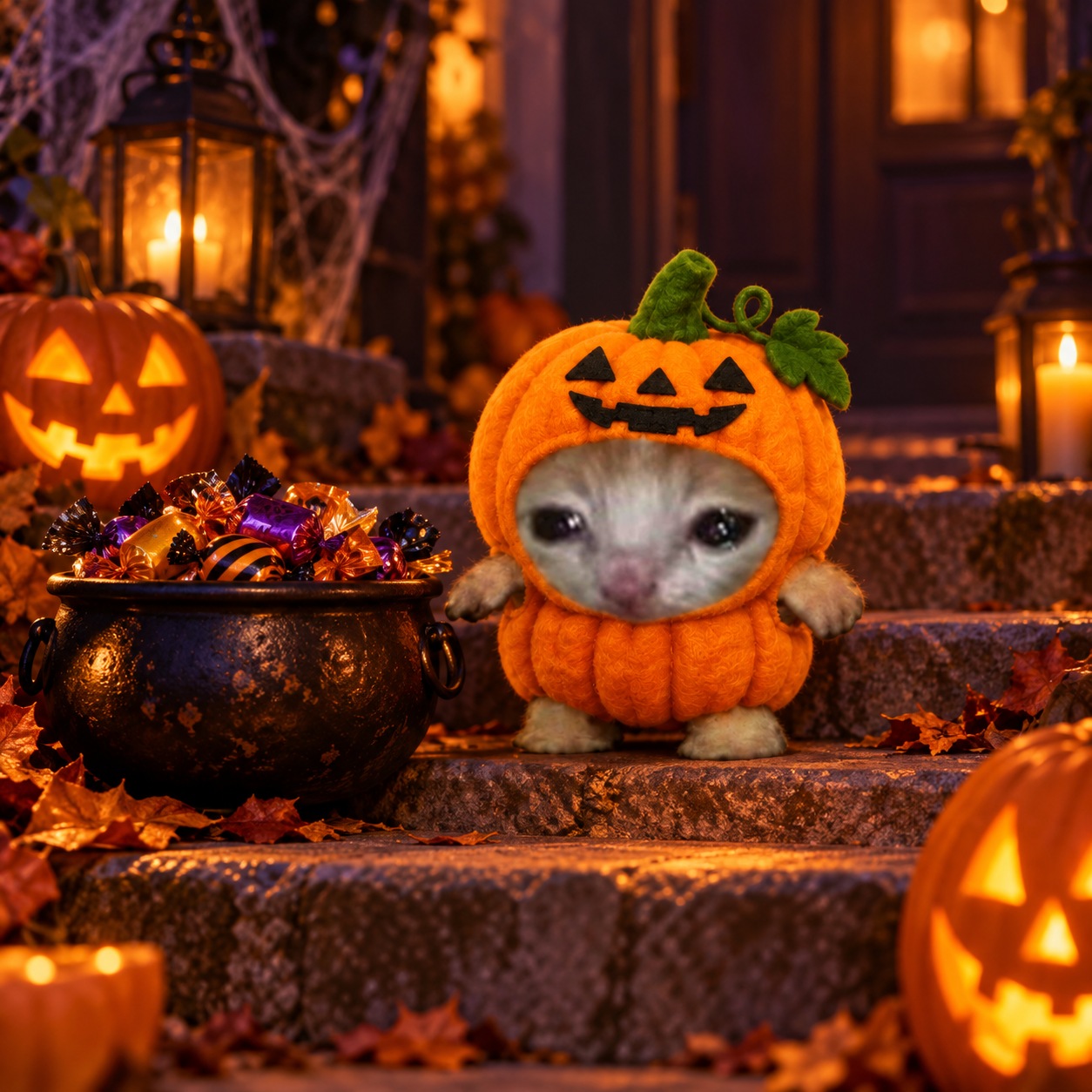 pumpini sits beside a cauldron of Halloween candy