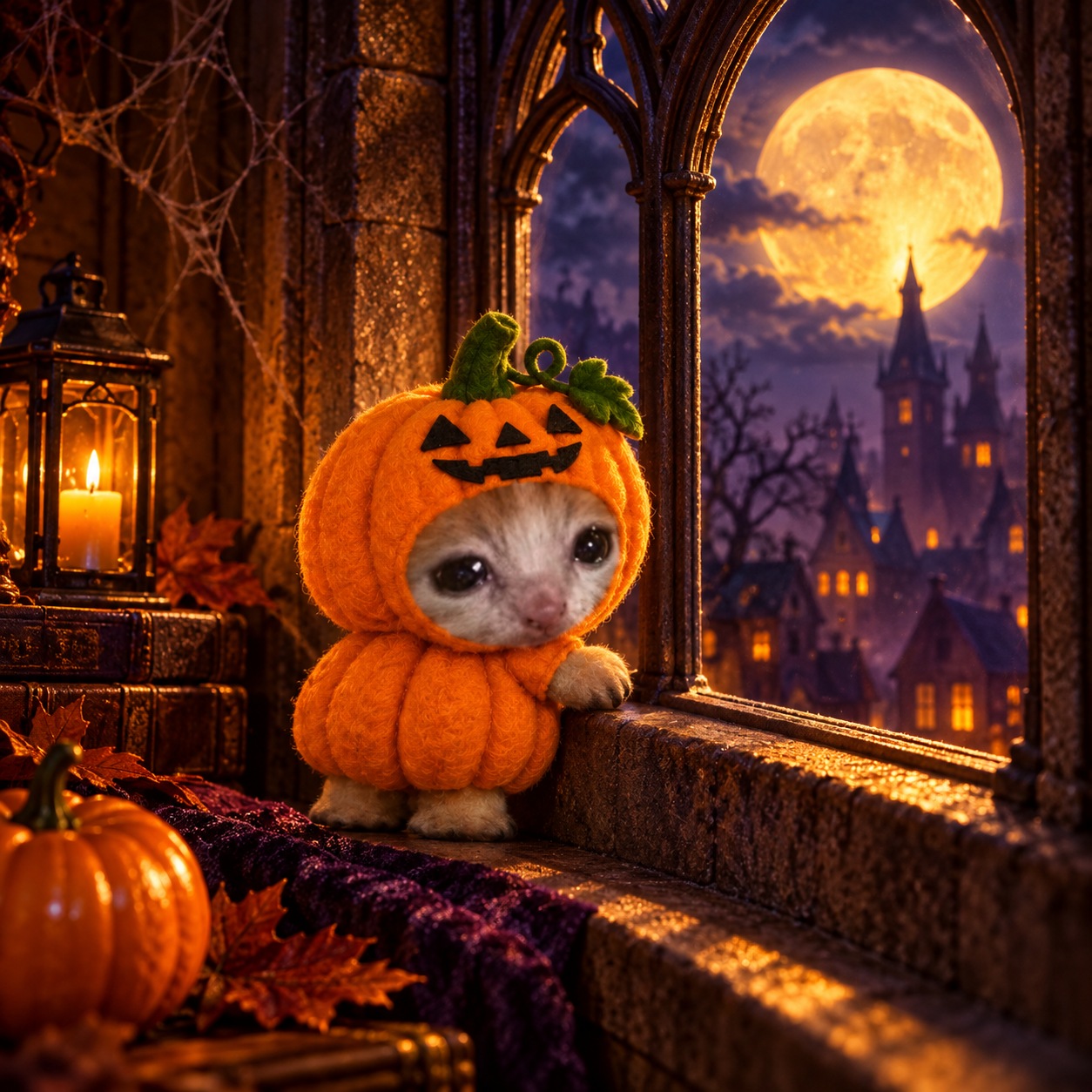 pumpini looks through a gothic window toward the full moon