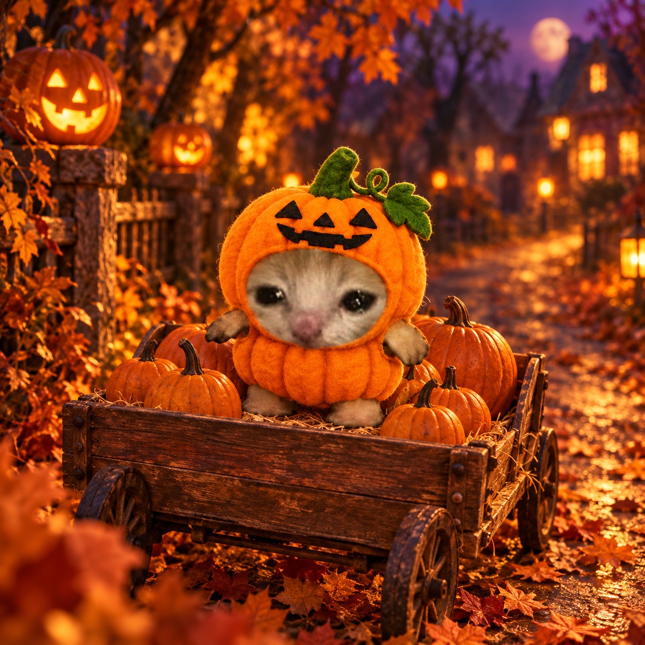 pumpini rides in a wooden pumpkin wagon on an autumn lane
