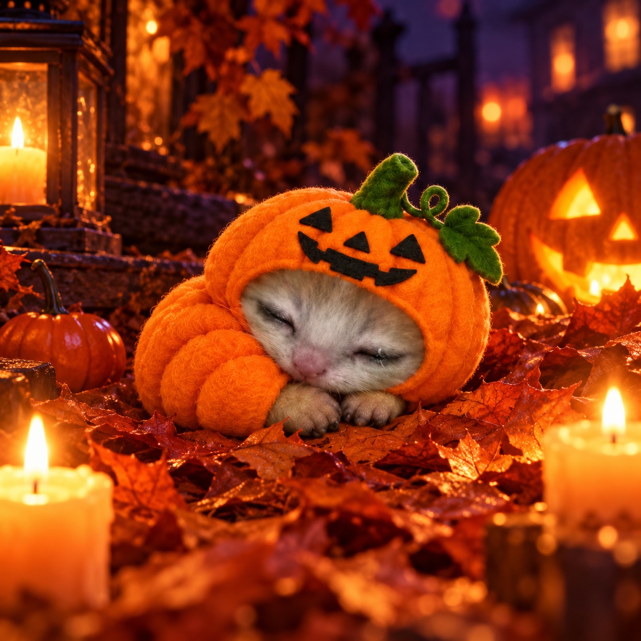 pumpini sleeps on autumn leaves beside warm candles